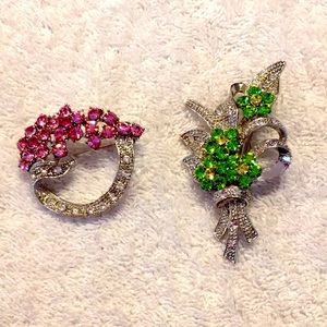 Set of 2 - Pink, Green & White Rhinestone Brooches